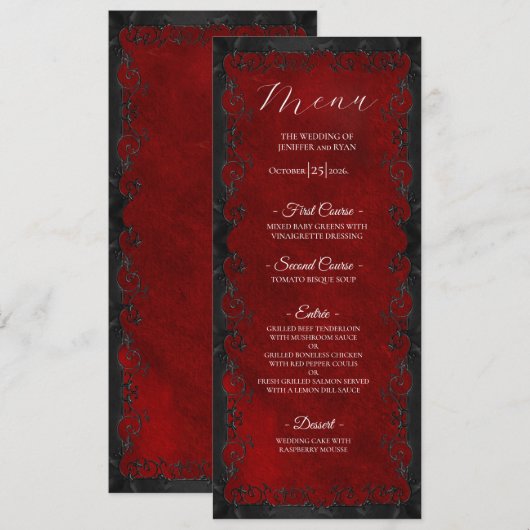 Menu de mariage gothique rouge élégant (Devant / Derrière)
