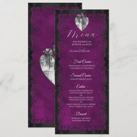 Menu de mariage gothique violet élégant (Devant / Derrière)