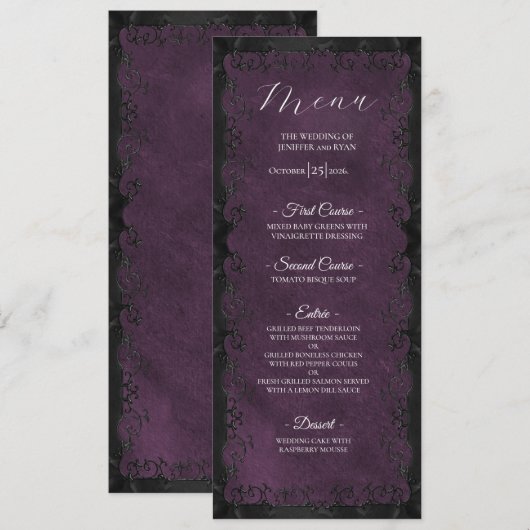 Menu de mariage gothique violet élégant (Devant / Derrière)