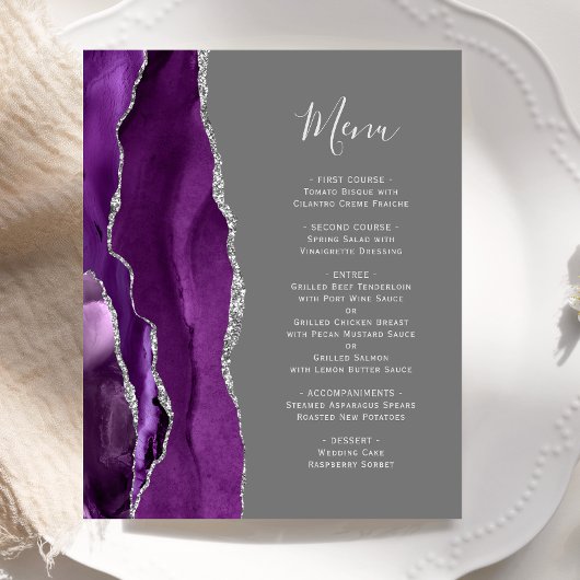 Menu de mariage gris argenté agate violet budget