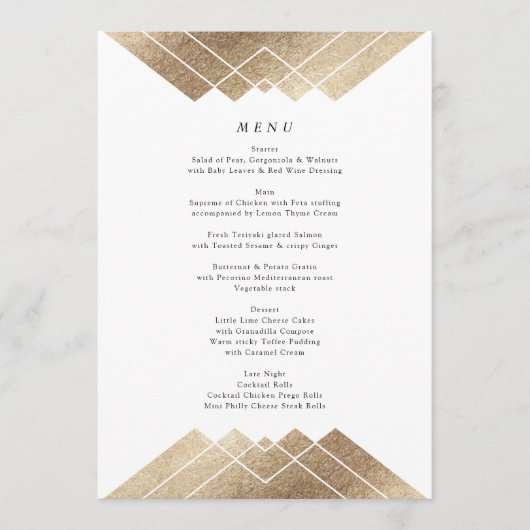 Menu de mariage haut Geometric White Gold Gatsby (Devant)