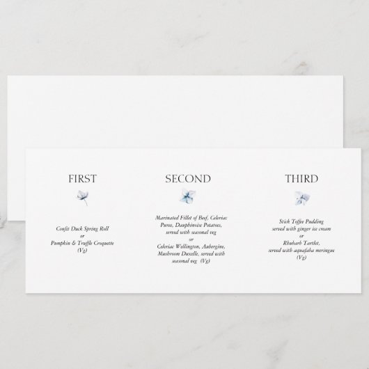 Menu de mariage horizontal Hydrangea Bleu (Devant / Derrière)