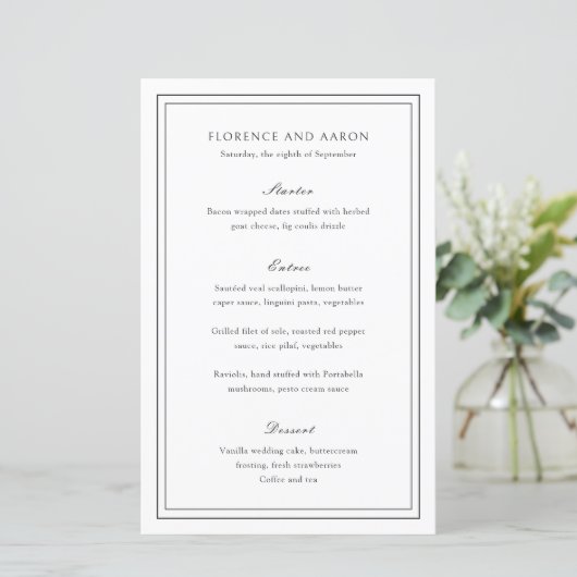 Menu de mariage intemporel noir et blanc tradition (Debout devant)
