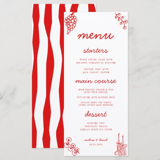 Menu de mariage italien rétro à rayures rouges des (Devant / Derrière)