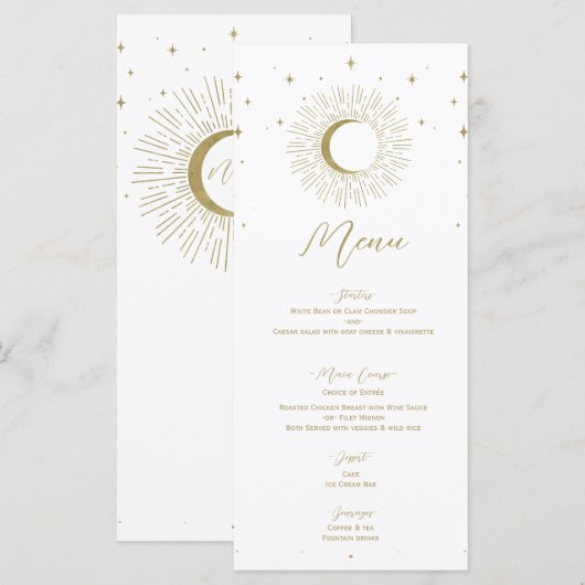 Menu de mariage Lune Éclat céleste Étoiles d'or (Devant / Derrière)