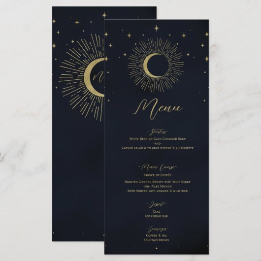 Menu de mariage Lune Soleil Étoiles d'Or (Devant / Derrière)