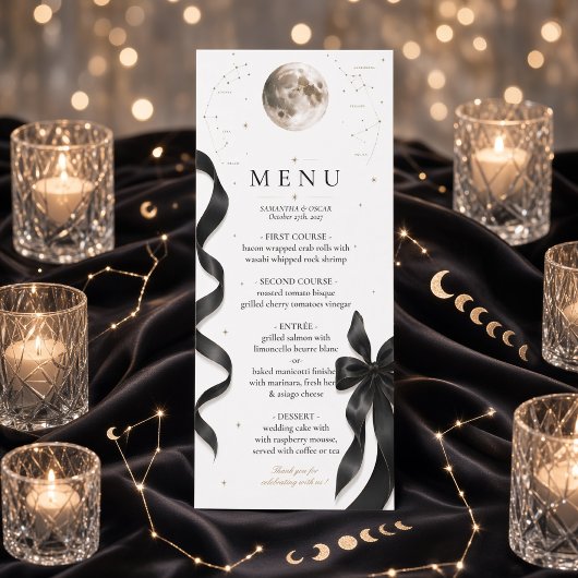 Menu de mariage Luxe Céleste Lune Noir Ruban