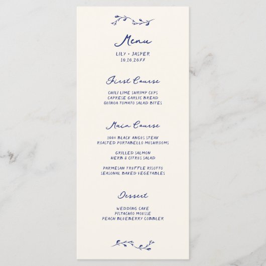 Menu de mariage manuscrit bleu (Devant)