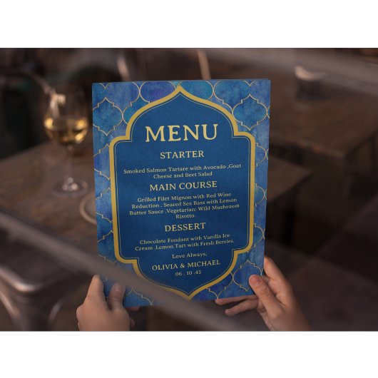 Menu de mariage marocain aquarelle bleue