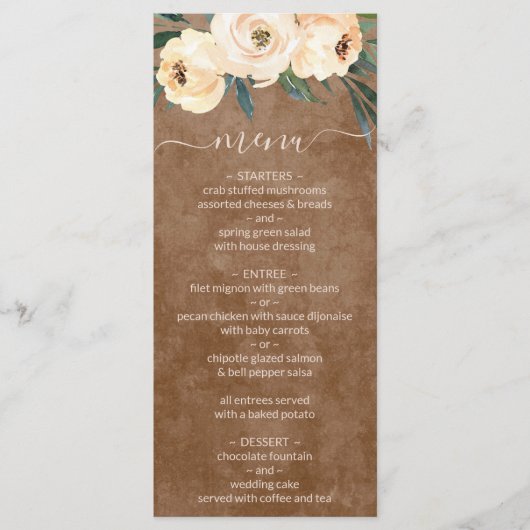 Menu de mariage marron bohème floral beige neutre (Devant)