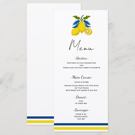 Menu de mariage méditerranéen au citron jaune bleu (Devant / Derrière)