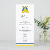 Menu de mariage méditerranéen au citron jaune bleu (Debout devant)