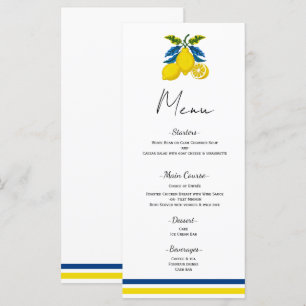 Menu de mariage méditerranéen au citron jaune bleu