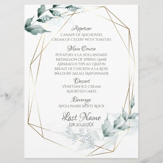 Menu de mariage | Menu Botanique vert Jade grisé (Devant)