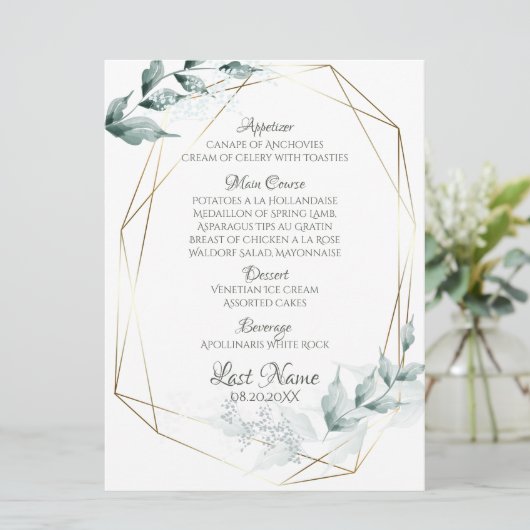 Menu de mariage | Menu Botanique vert Jade grisé (Debout devant)