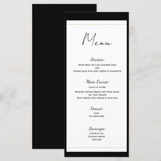 Menu de mariage minimal moderne noir blanc or (Devant / Derrière)