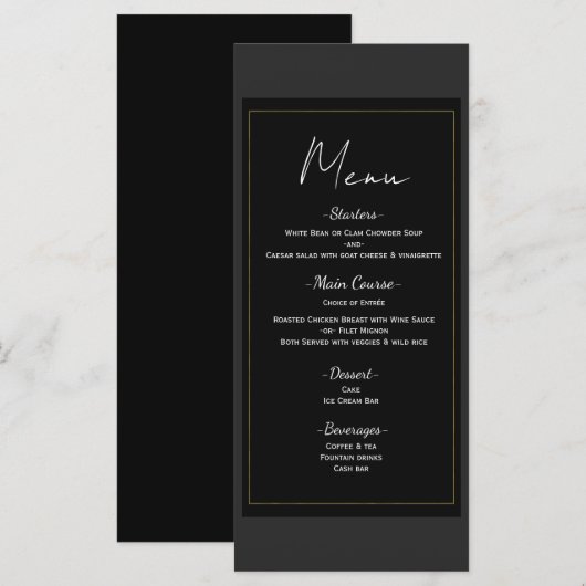 Menu de mariage minimal moderne noir gris or (Devant / Derrière)
