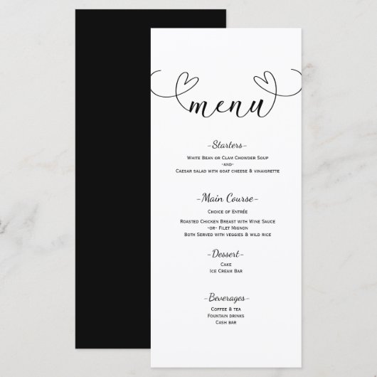Menu de mariage minimal noir et blanc Modern Heart (Devant / Derrière)