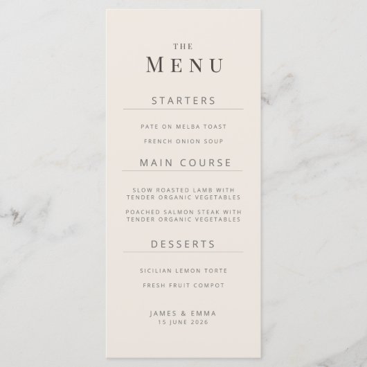 Menu de mariage minimaliste beige doux (Devant)