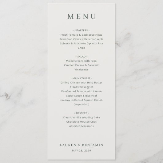 Menu de mariage minimaliste beige élégant (Devant)