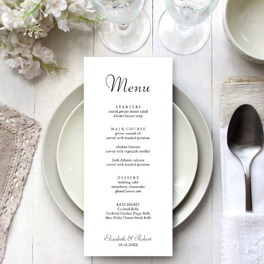 Menu de mariage minimaliste blanc moderne