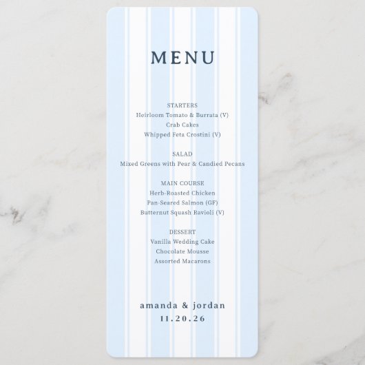 Menu de mariage minimaliste bleu élégant (Devant)