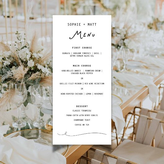 Menu de mariage minimaliste calligraphié fantaisis