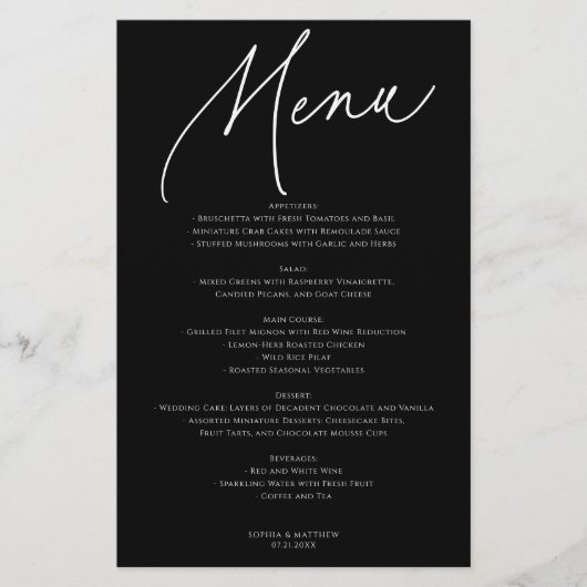 Menu de mariage minimaliste Calligraphie Noir (Devant)