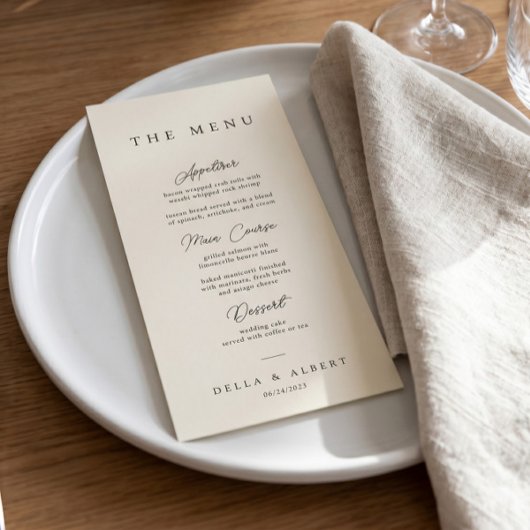 Menu de mariage minimaliste calligraphique ivoire