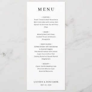 Menu de mariage minimaliste élégant noir et blanc