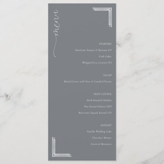 Menu de mariage minimaliste gris sophistiqué (Devant)