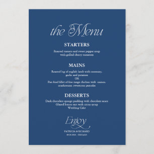 Menu de mariage minimaliste moderne cobalt bleu