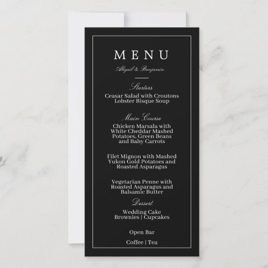 Menu de mariage minimaliste moderne noir (Devant)