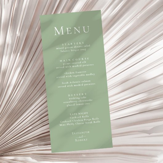 Menu de mariage minimaliste moderne vert sauge