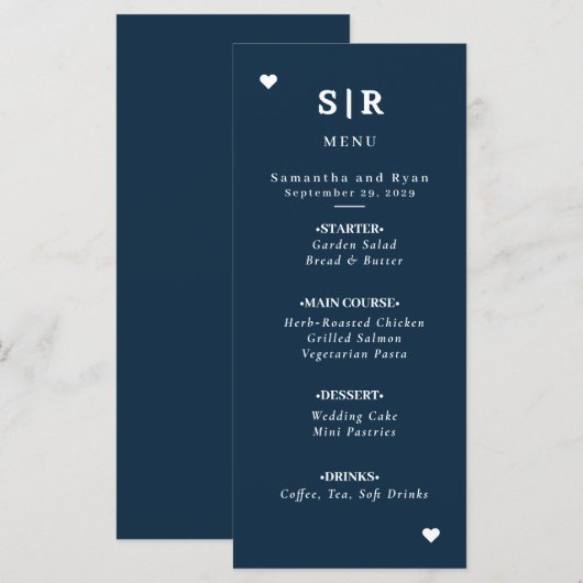 Menu de mariage minimaliste Navy (Devant / Derrière)