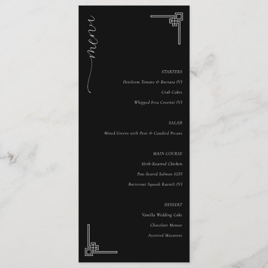 Menu de mariage minimaliste noir élégant (Devant)