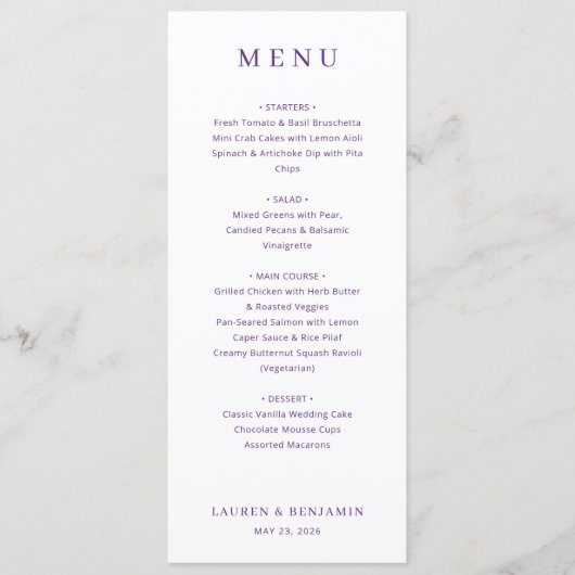 Menu de mariage minimaliste violet élégant (Devant)