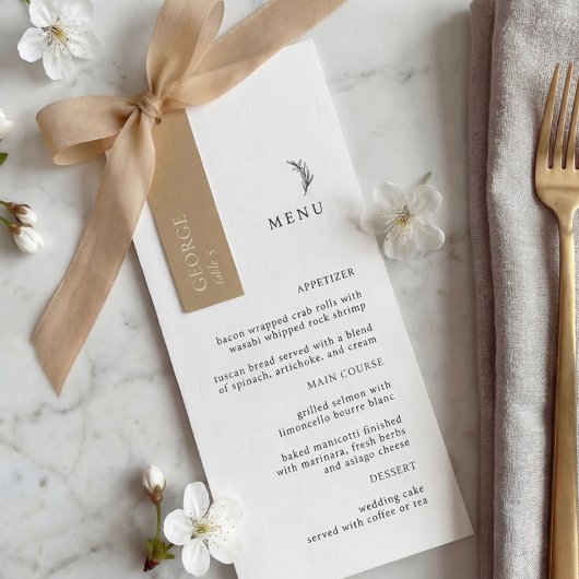 Menu de mariage moderne avec branche d'olive en no