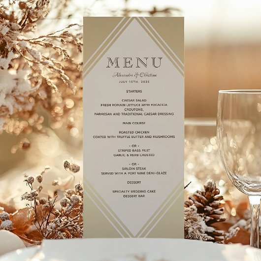 Menu de mariage moderne avec feuille d'or