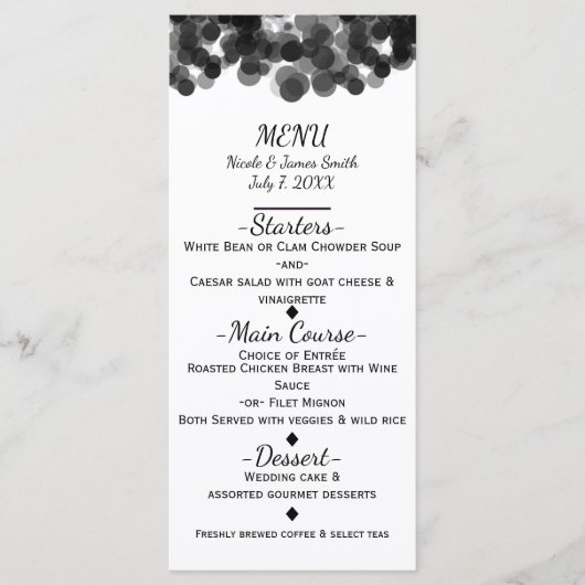Menu de mariage moderne avec points de caviar noir (Devant)