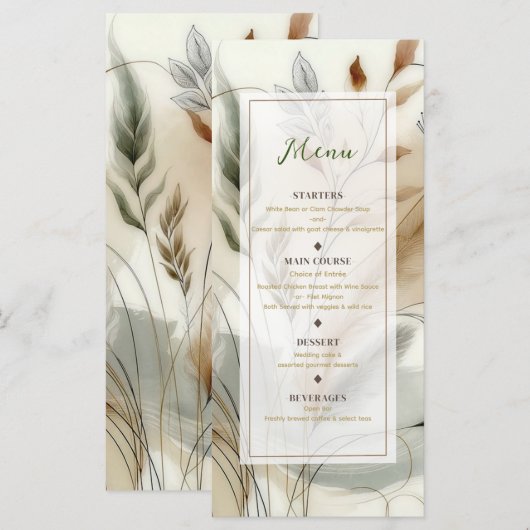 Menu de mariage moderne botanique boho avec verdur (Devant / Derrière)