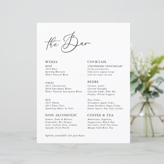 Menu de mariage moderne calligraphié blanc (Debout devant)