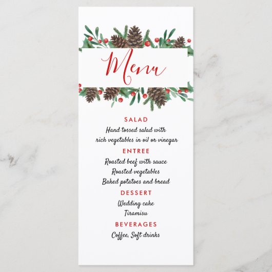 Menu de mariage moderne de Noël Cône de pin Baie r (Devant)
