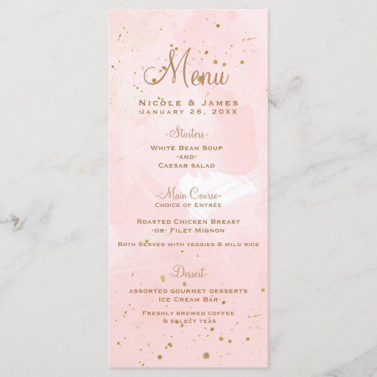 Menu de mariage moderne éclaboussé de rose et d'or (Devant)