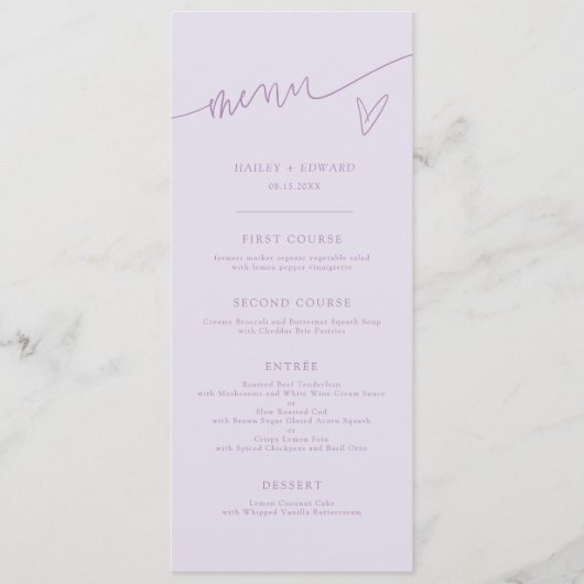 Menu de mariage moderne écriture lilas (Devant)