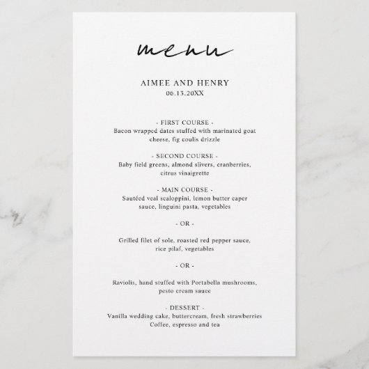 Menu de mariage moderne écriture rustique (Devant)