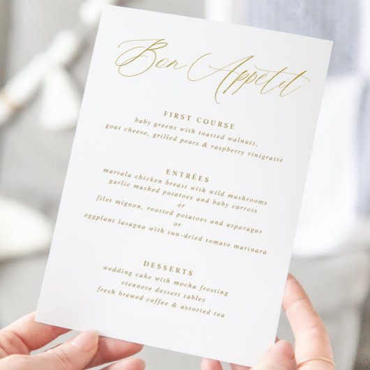 Menu de mariage moderne élégant calligraphié en or
