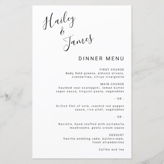 Menu de mariage moderne élégant noir et blanc simp (Devant)