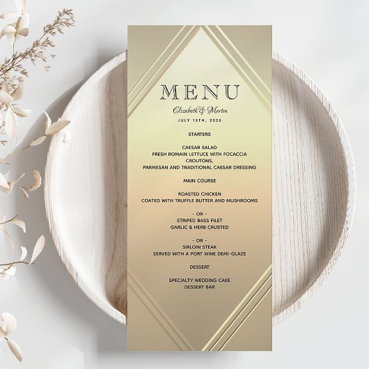 Menu de mariage moderne en feuille d'or