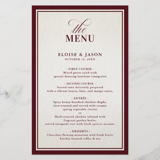 Menu de mariage moderne et formel bordeaux à l'anc (Devant)
